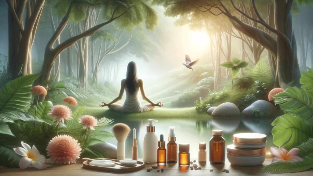 Illustrazione che rappresenta il Mindful Beauty, con una donna di spalle mentre medita nella natura e alcuni prodotti cosmetici in primo piano